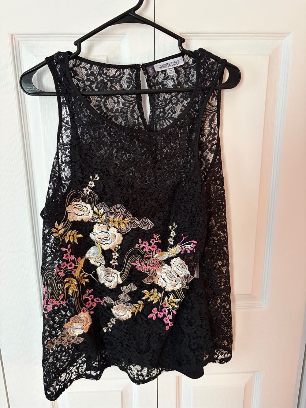 Jennifer Lopez Black Lace Tank with Floral Embroidery Accents